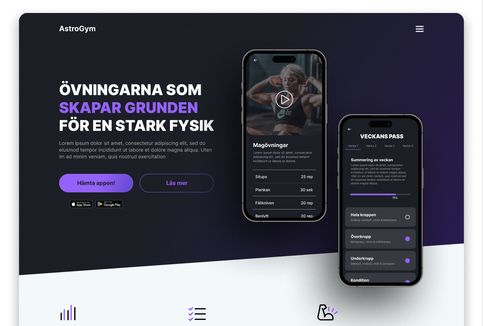 AstroGyms startsida med rubriken ”Övningarna som skapar grunden för en stark fysik” och två mobiler med appen