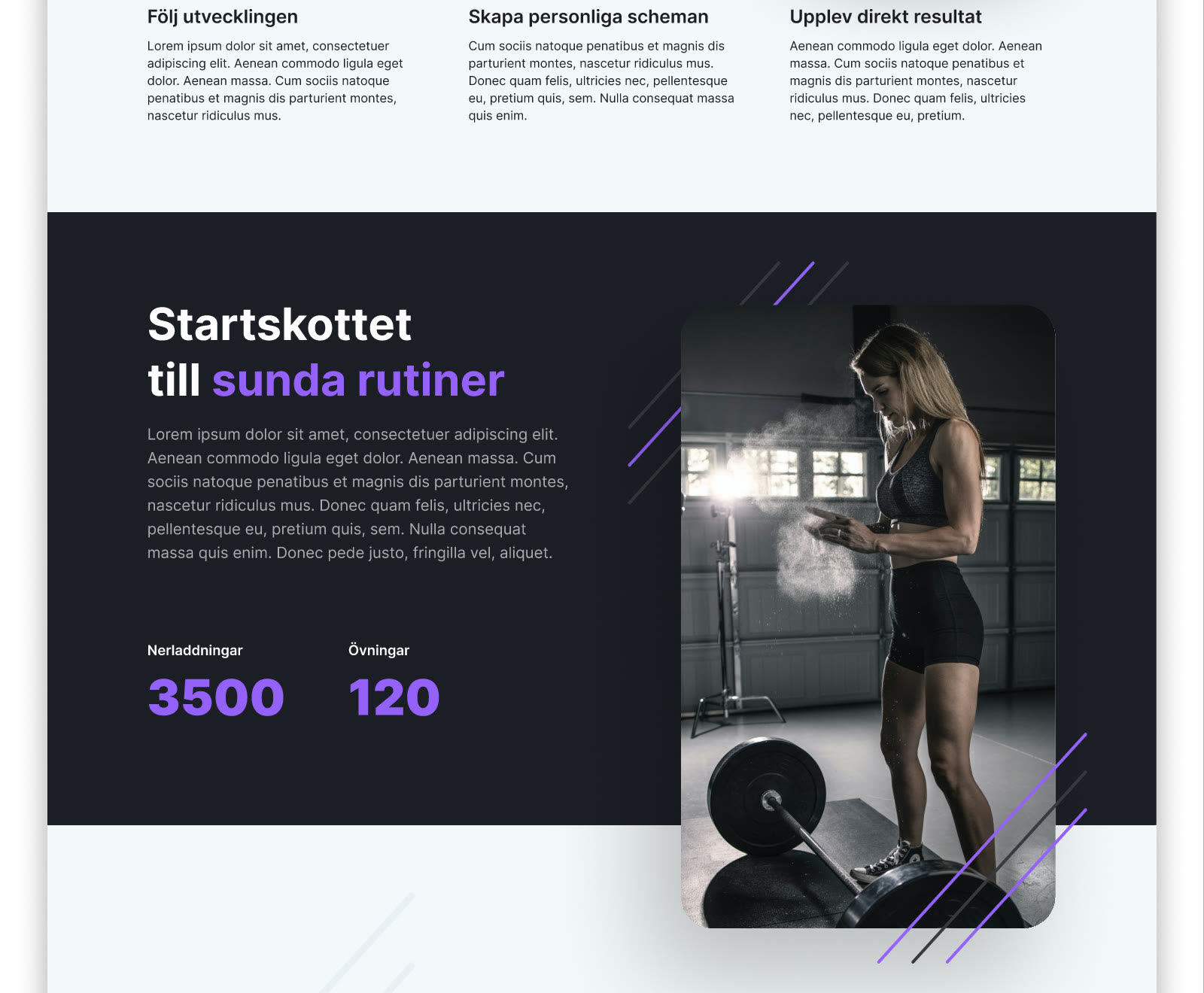 Appens tre fördelar och avsnittet ”Startskottet till sunda rutiner” med en kvinna vid en skivstång