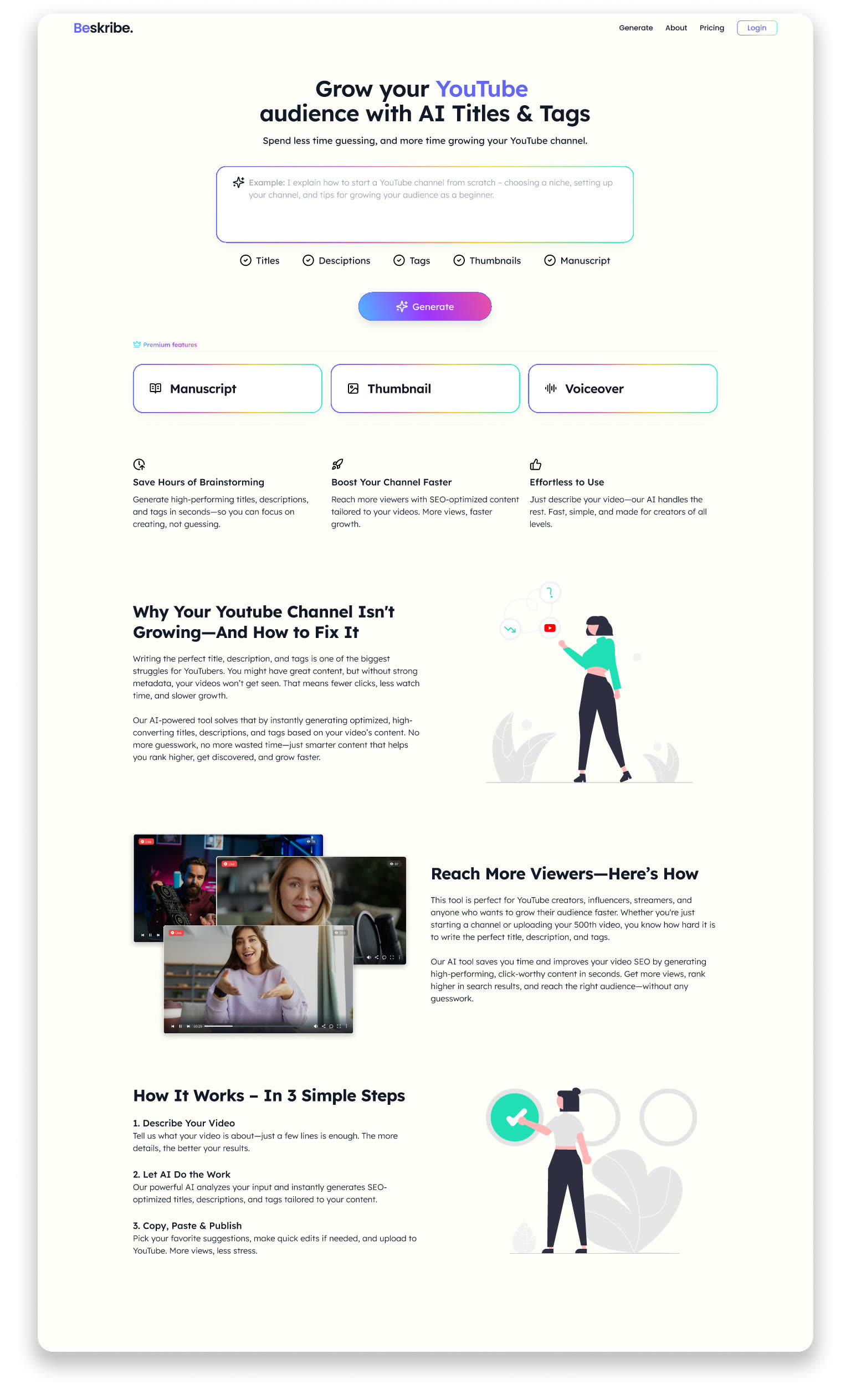 Beskribes startsida med rubriken ”Grow your YouTube audience with AI Titles & Tags” och hur tjänsten fungerar