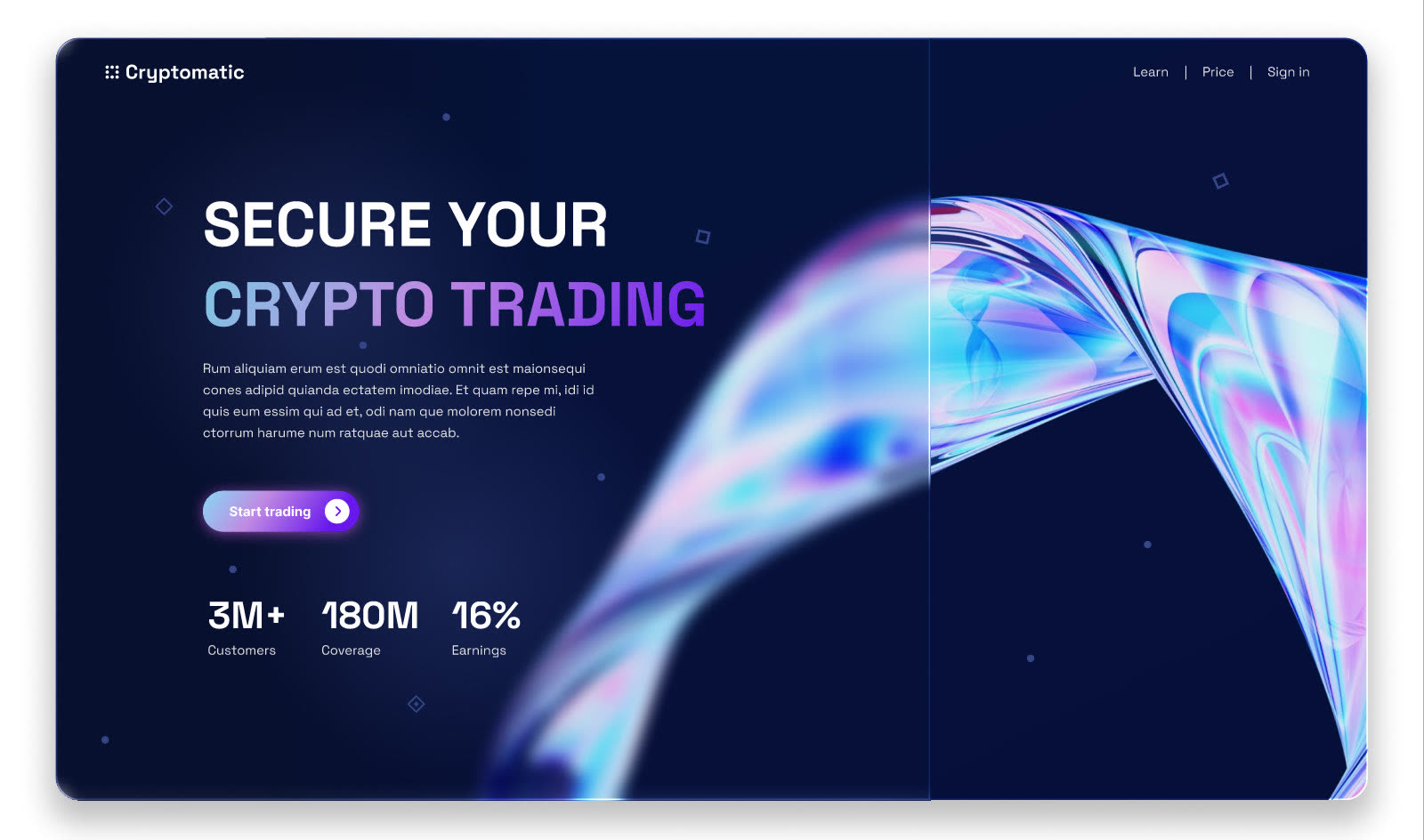 Cryptomatics startsida i mörkblått med rubriken ”Secure your crypto trading” och ett skimrande glasband