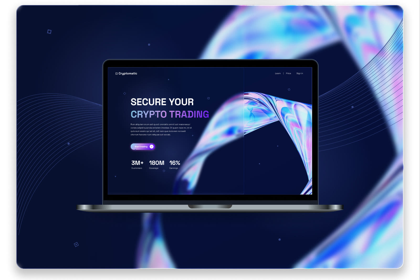 Cryptomatics startsida visad på en laptop framför ett skimrande glasband