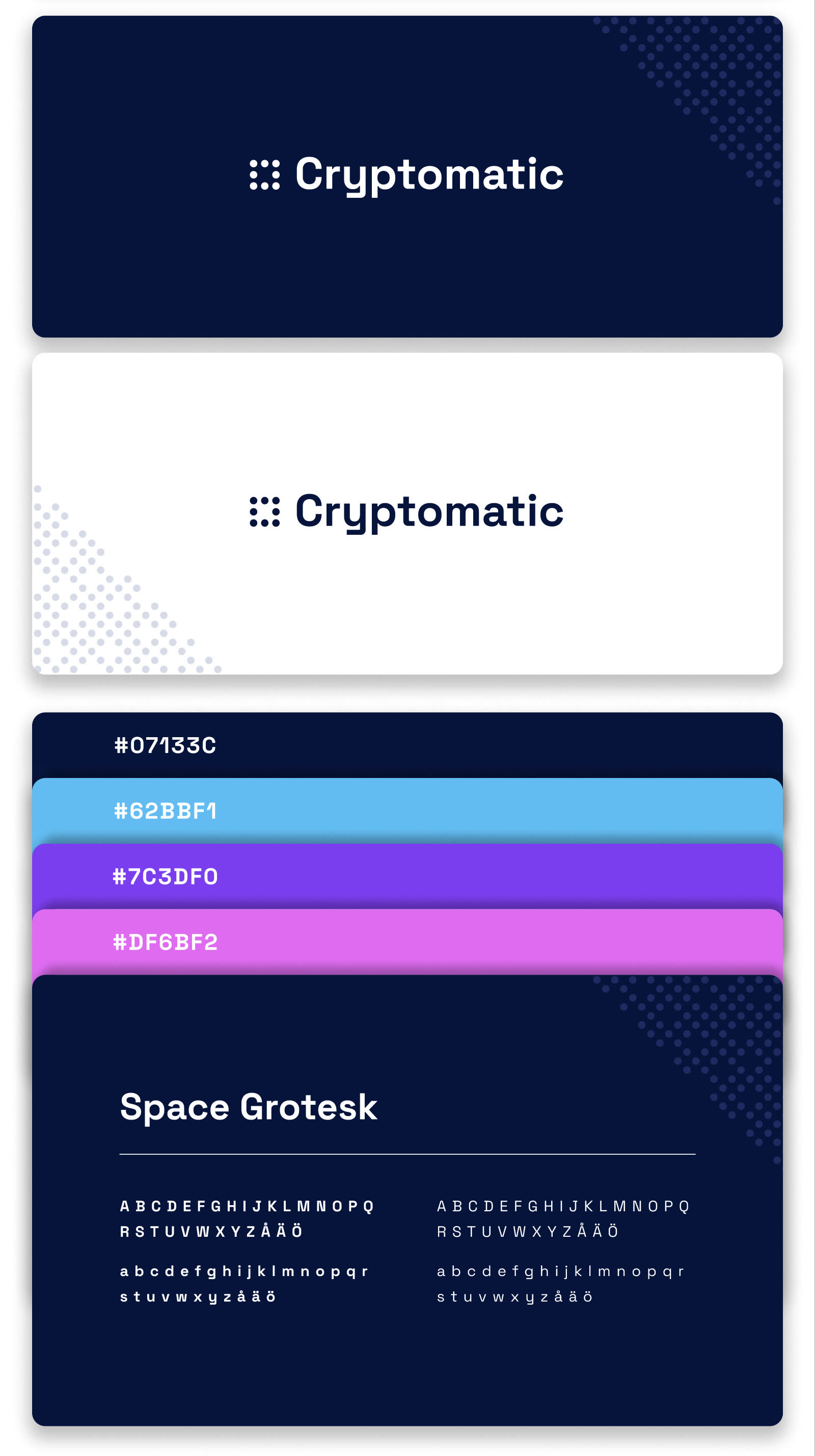 Cryptomatics logotyp på mörkblått och vitt, färgpaletten från mörkblått till rosa och typsnittet Space Grotesk