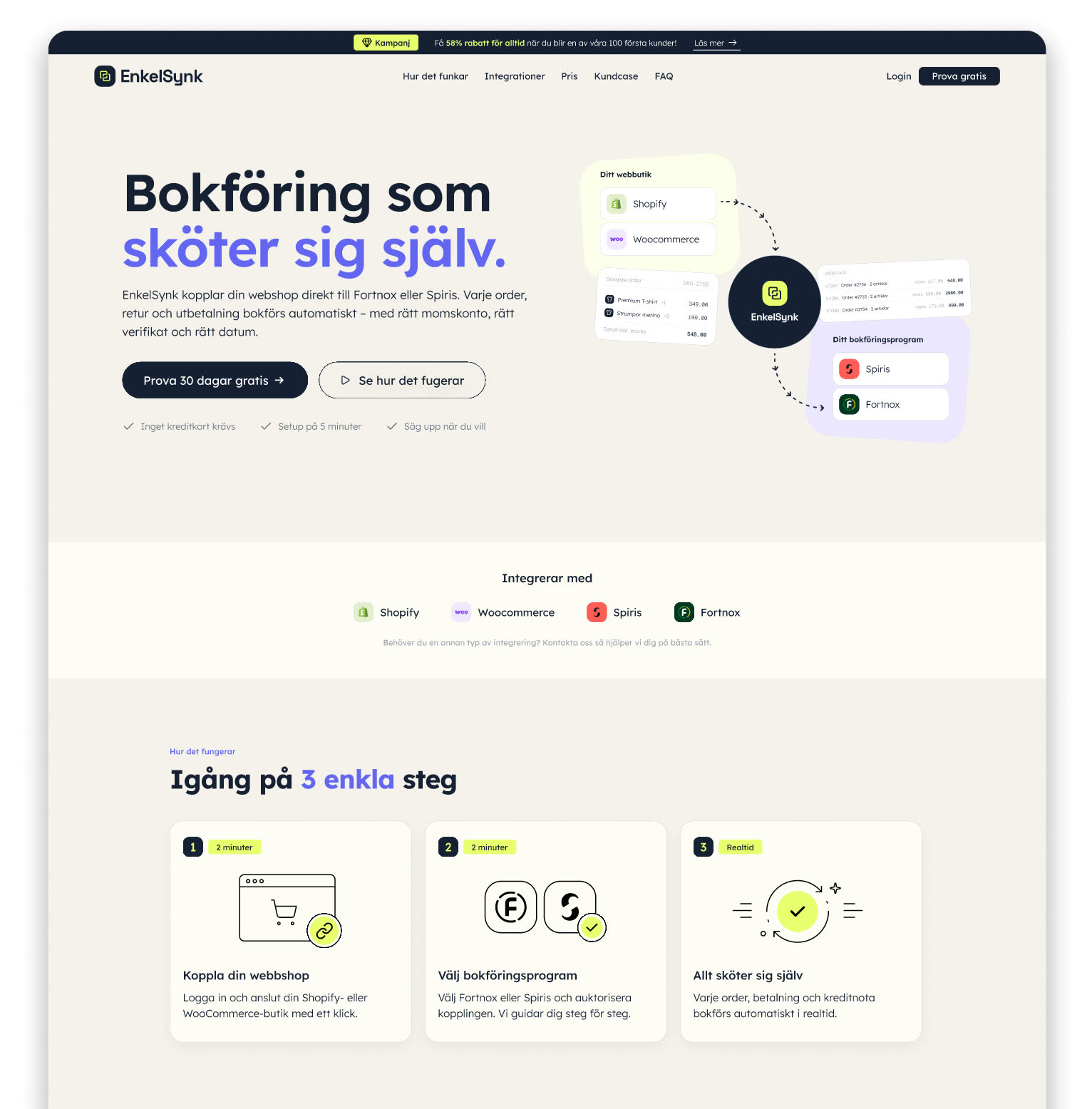 EnkelSynks startsida med rubriken ”Bokföring som sköter sig själv”, integrationer och tre steg för att komma igång