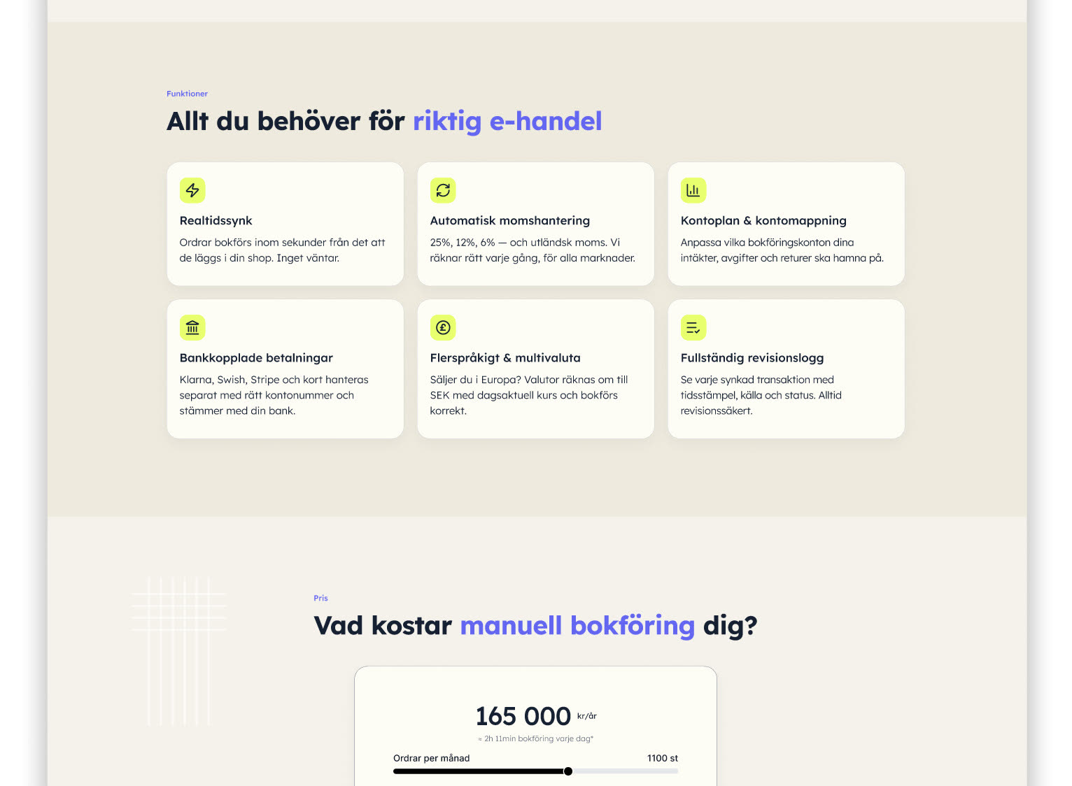 Funktioner för e-handel i ljusa kort och en räknare för vad manuell bokföring kostar