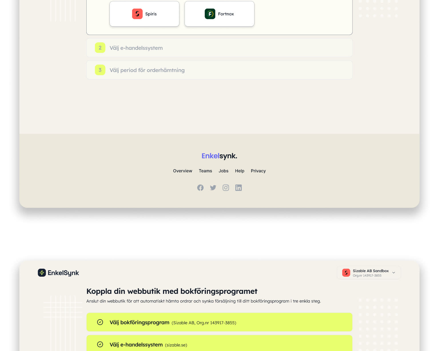 Nästa steg i onboardingen med valt bokföringsprogram och webbutik