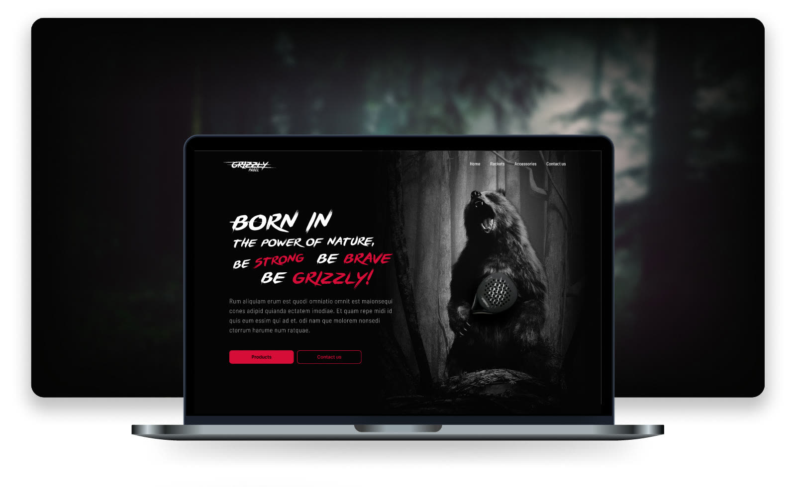 Grizzly Padels hemsida på en laptop med rubriken ”Born in the power of nature, be strong, be brave, be Grizzly!”
