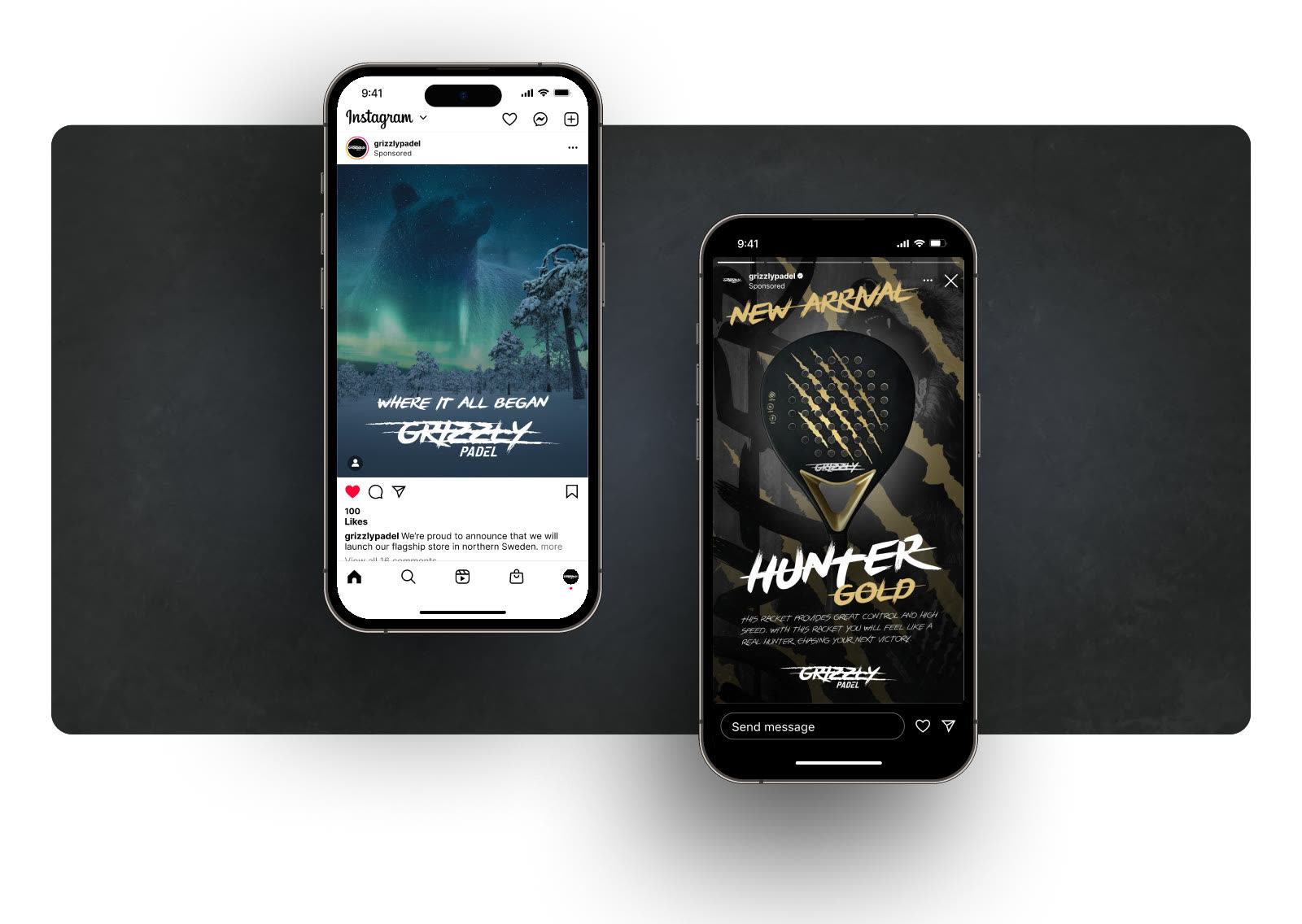Två mobiler med ett Instagram-inlägg under norrsken och en story som lanserar racketen Hunter Gold
