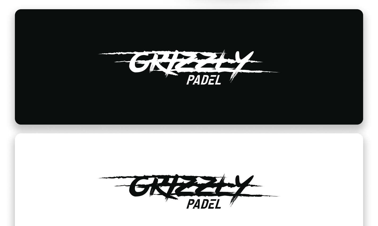 Grizzly Padels logotyp i vitt på svart och i svart på vitt