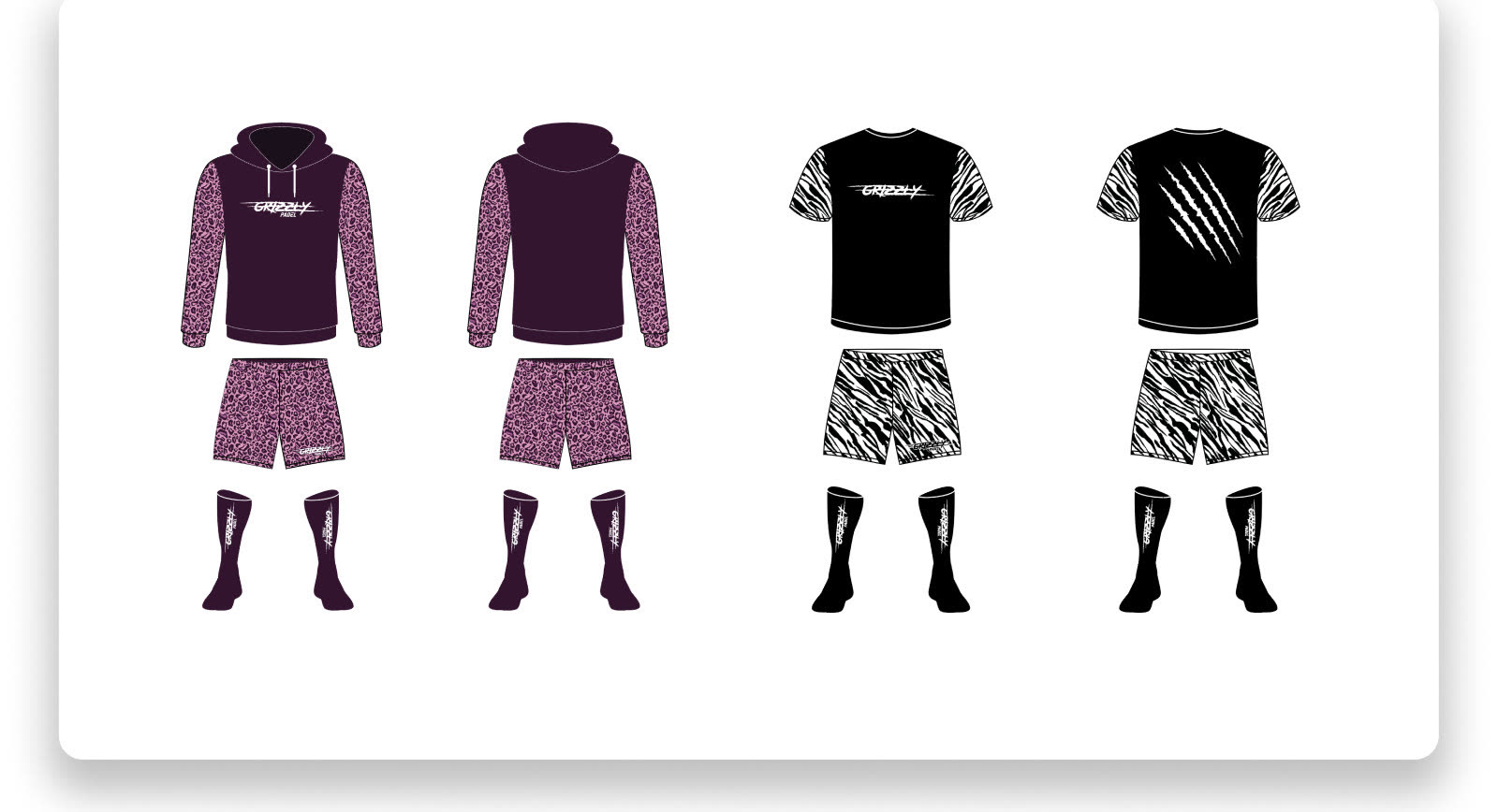 Klubbkläder med Grizzly Padels logotyp: lila hoodies och shorts samt svarta t-shirts med zebramönster