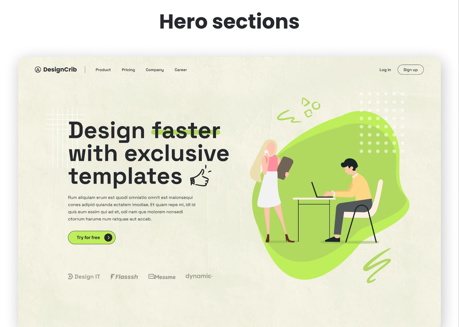 Startsida för DesignCrib med rubriken ”Design faster with exclusive templates” och illustrerade personer