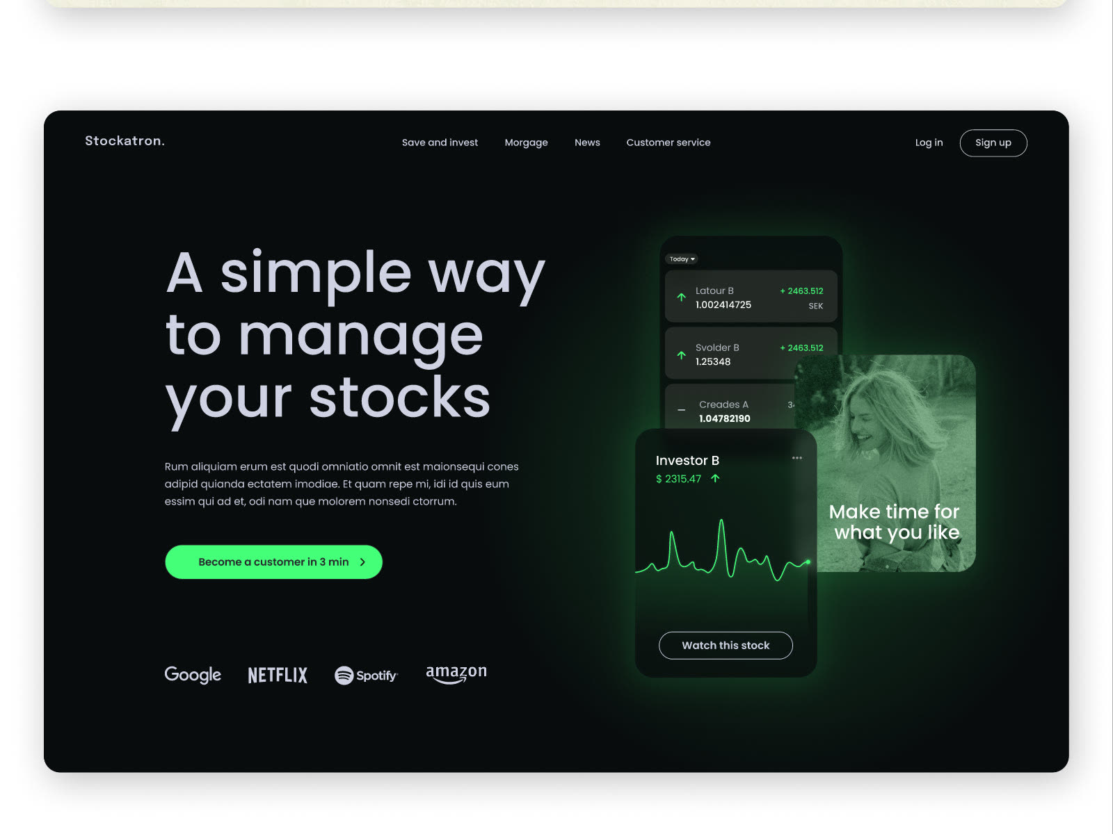 Mörk startsida för Stockatron med rubriken ”A simple way to manage your stocks”