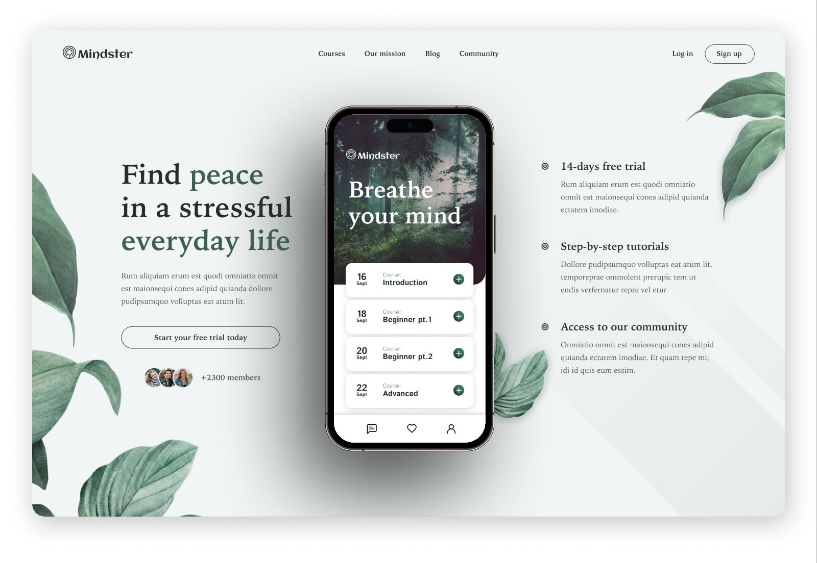 Ljus startsida för Mindster med en mobil och rubriken ”Find peace in a stressful everyday life”