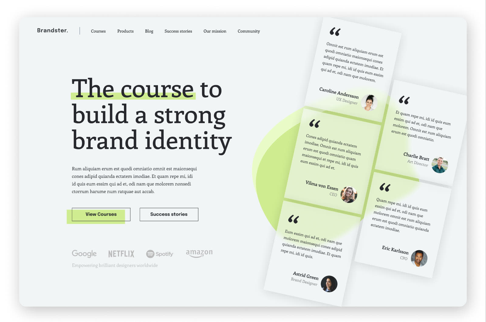 Startsida för en kurs med rubriken ”The course to build a strong brand identity” och omdömen