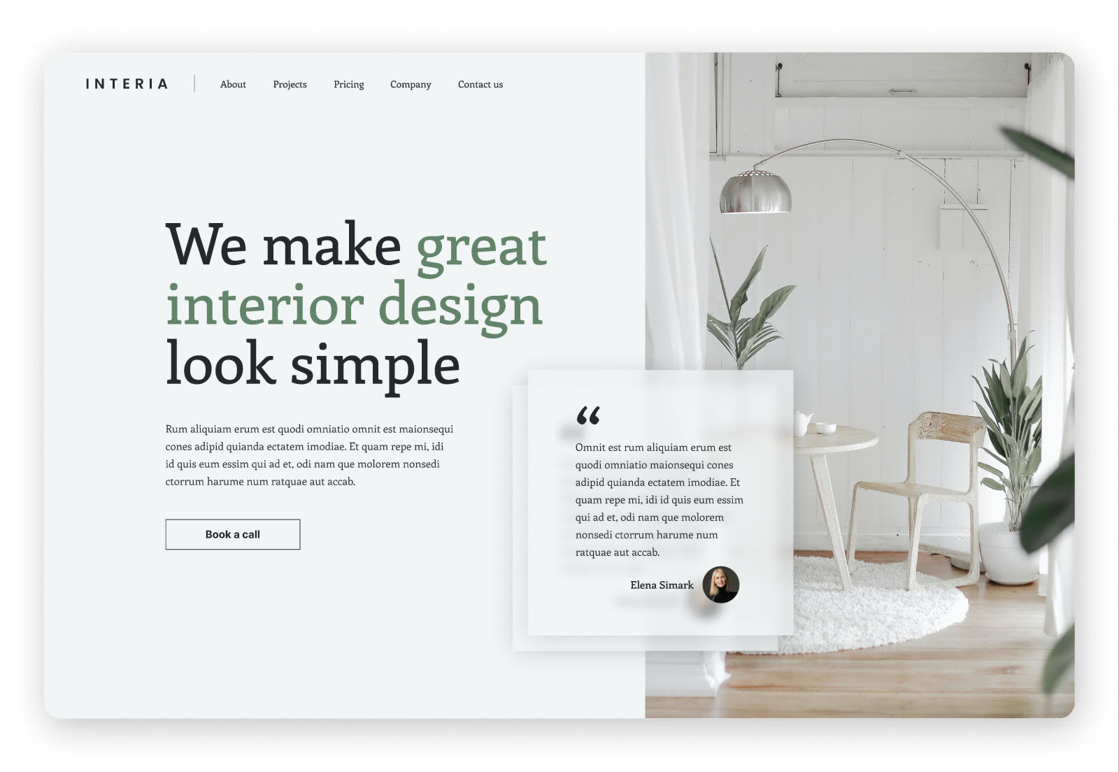 Startsida för Interia med rubriken ”We make great interior design look simple”