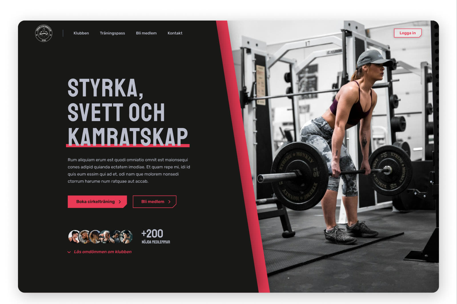 Startsida för ett gym med rubriken ”Styrka, svett och kamratskap” och en kvinna som marklyfter
