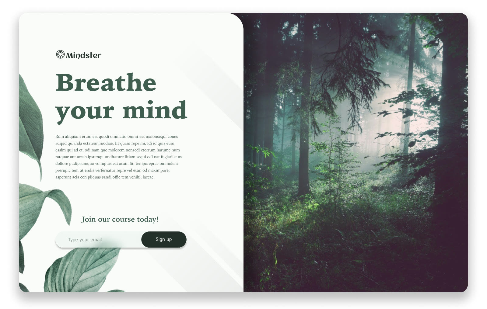Mindsters hemsida med rubriken ”Breathe your mind” bredvid en dimmig skog och gröna blad