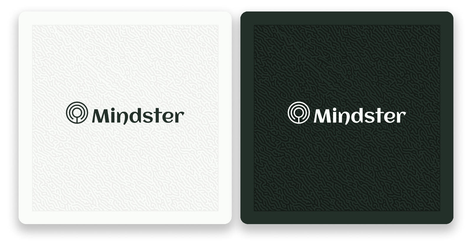 Mindsters logotyp i grönt på ljus bakgrund och i vitt på mörkgrön bakgrund