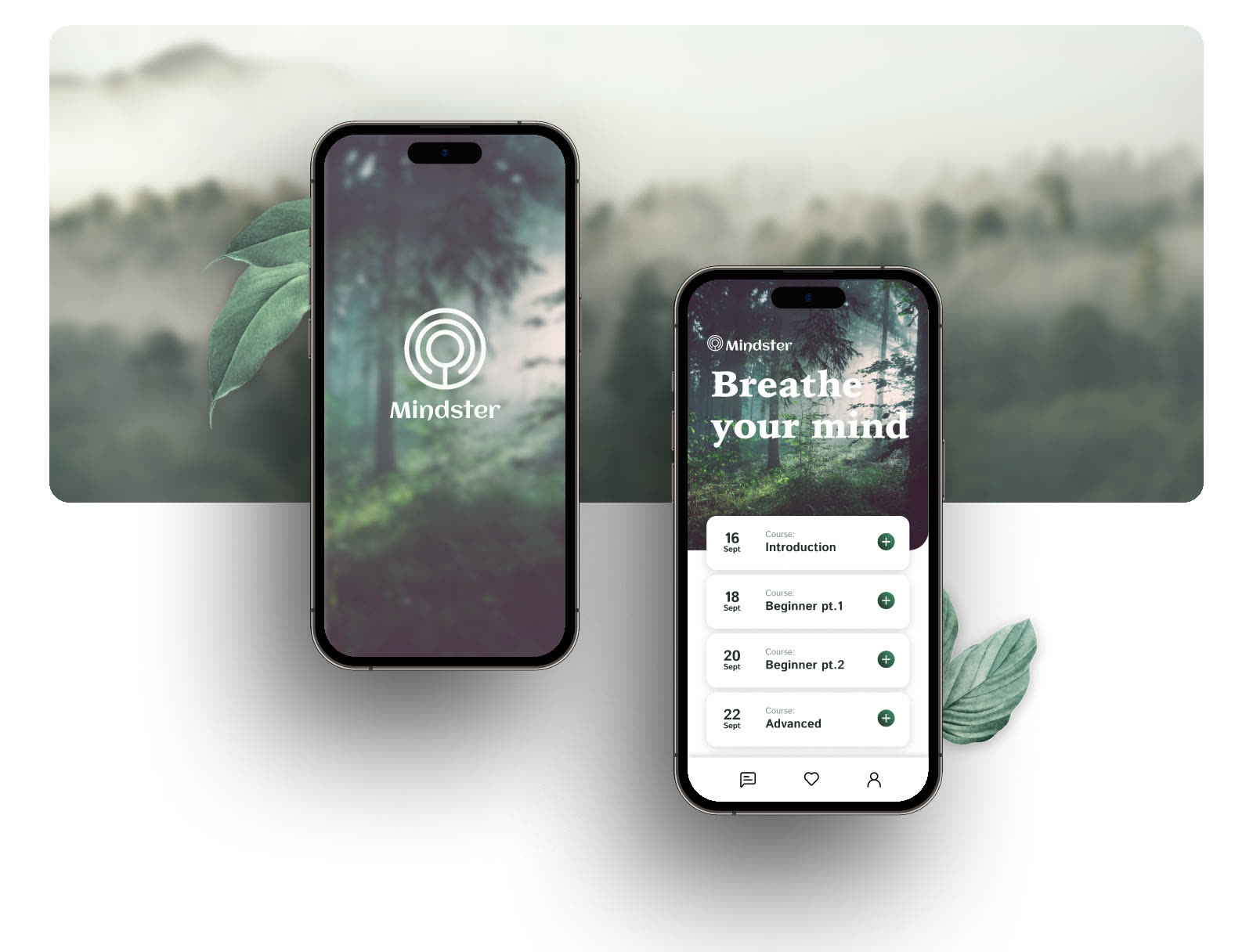 Två mobiler med Mindsters app: en startskärm i skogen och en lista över kursens lektioner
