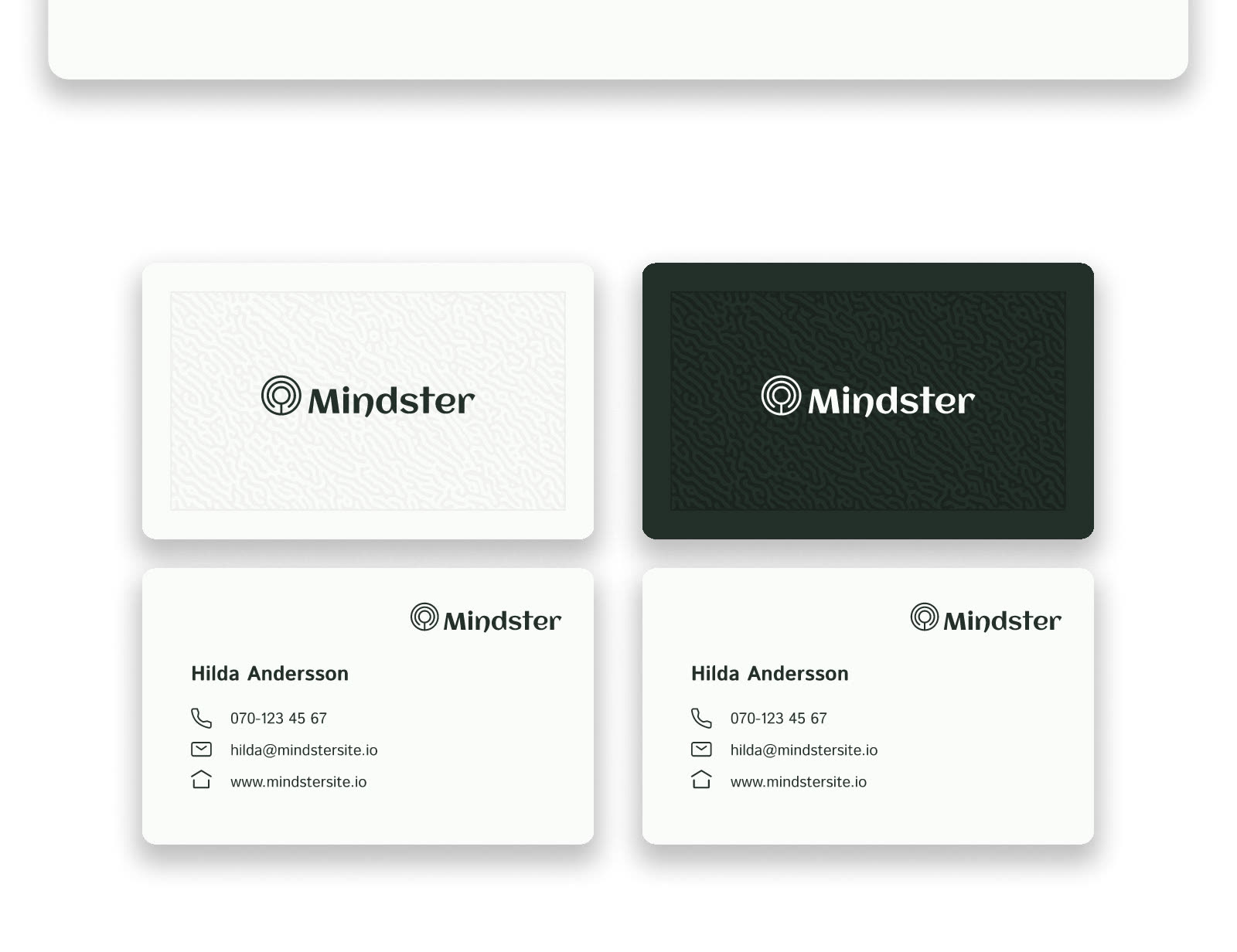 Visitkort för Mindster i ljust och mörkgrönt, fram- och baksida