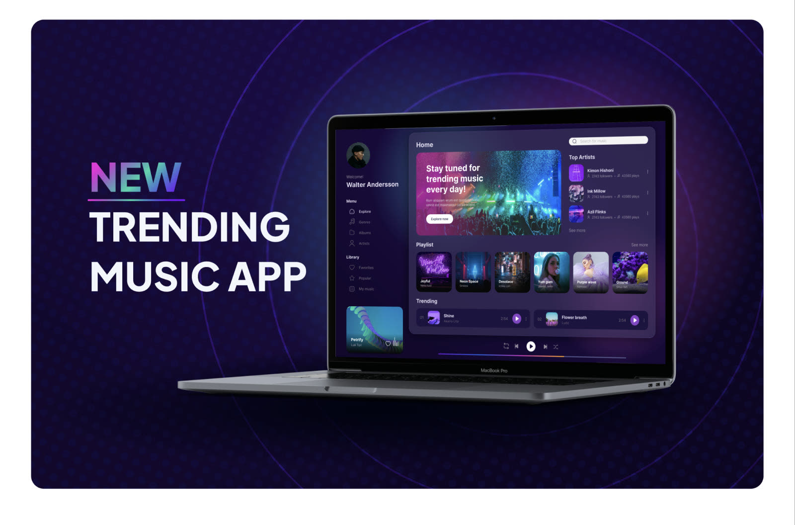 Musikappen på en laptop mot lila bakgrund med rubriken ”New trending music app”