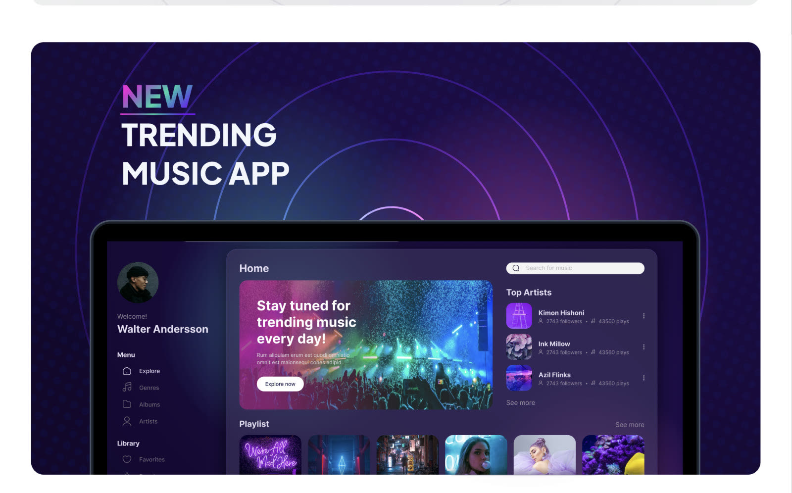 Närbild på appens startsida med spellistor, toppartister och trender