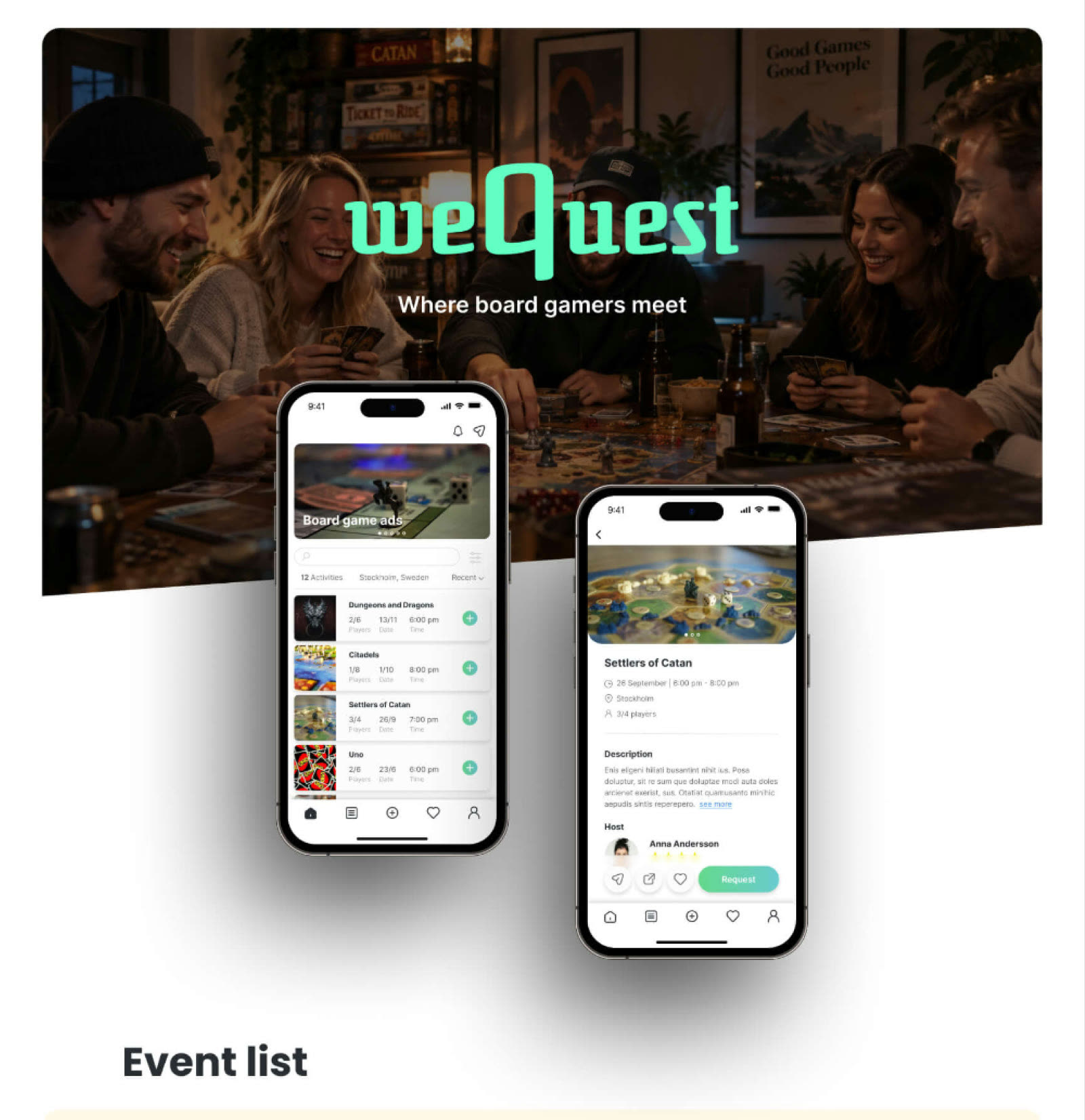 weQuests logotyp i mintgrönt över vänner som spelar brädspel, med två mobiler som visar appen