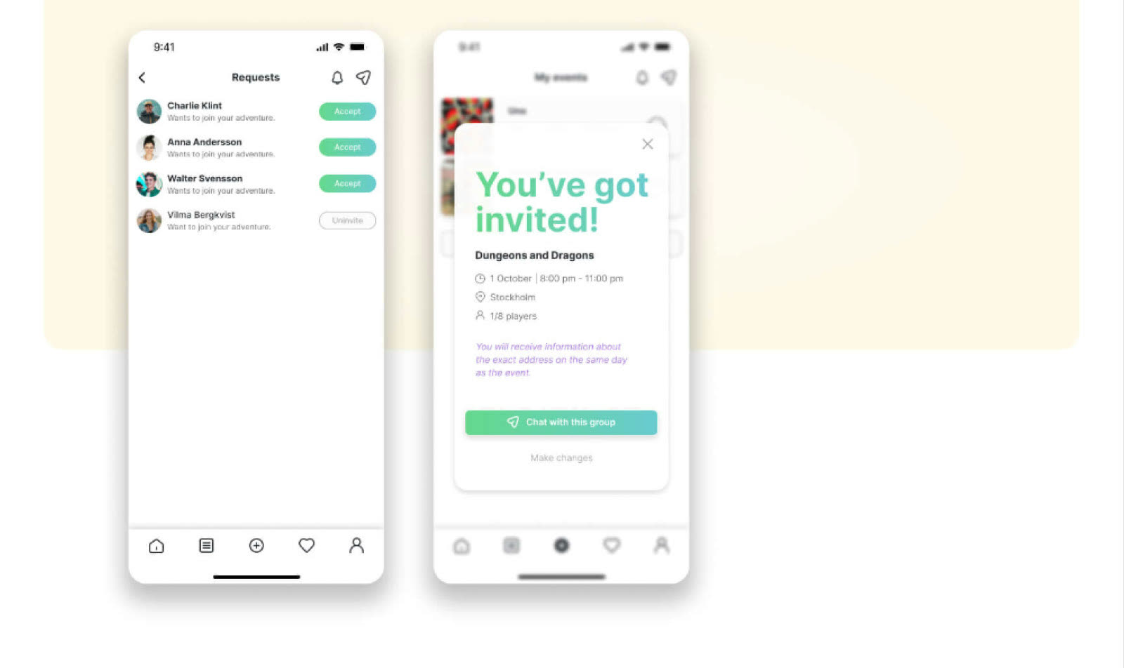 Väntelistan med förfrågningar och en skärm med texten ”You’ve got invited!”